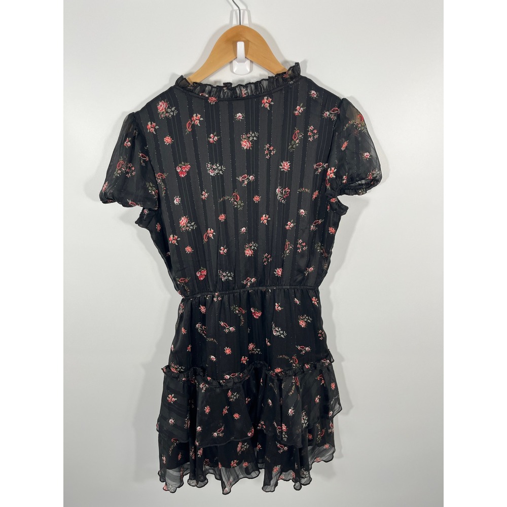 Whimsigoth Dark Fairy Wedding Guest Womens Dress M Black Floral Ruffle Wrap Top - Picture 2 of 8